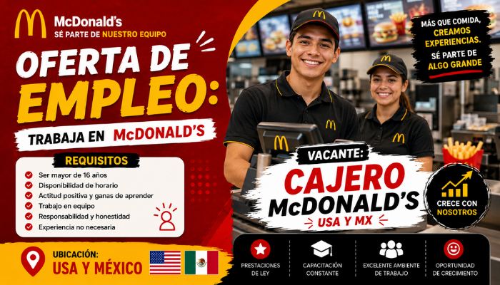 Vacante Cajero McDonald's USA y MX